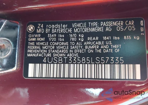 2005 BMW Z4 2.5I from USA, damaged, VIN 4USBT33585LS57335